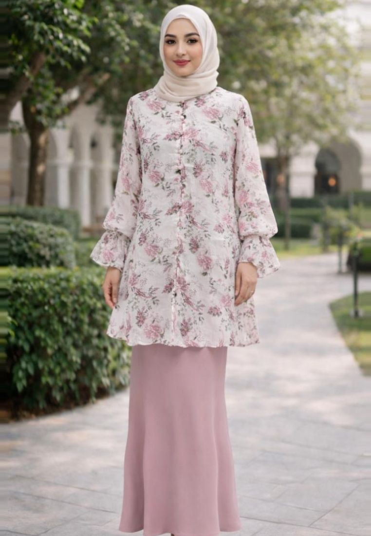 Brilliant Girl Tunik Muslimah Motif Bunga Bahan Chiffon Premium Lengan Ruffle + Rok Panjang Polos Te