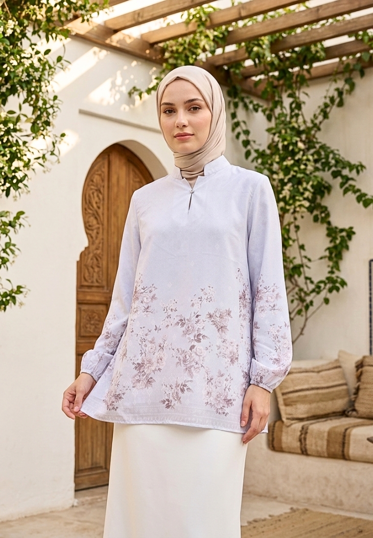 Brilliant Girl Floral Blouse Sifon With V neck In Soft Blue By Brilliant Girl Warna BIRU