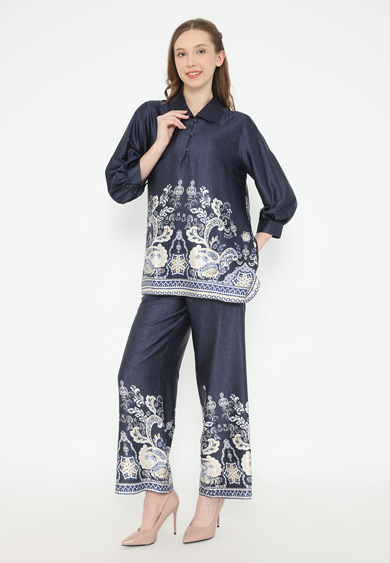Brilliant Girl Blouse Wanita Modern Warna Biru Navy Motif Bunga Elegan Untuk Acara Santai dan Semi F