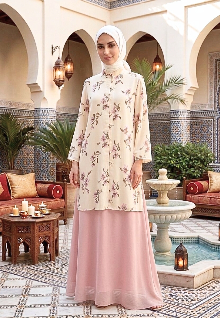 Brilliant Girl Tunik wanita butter yellow motif bunga elegan lengan 7/8 blouse muslimah premium styl