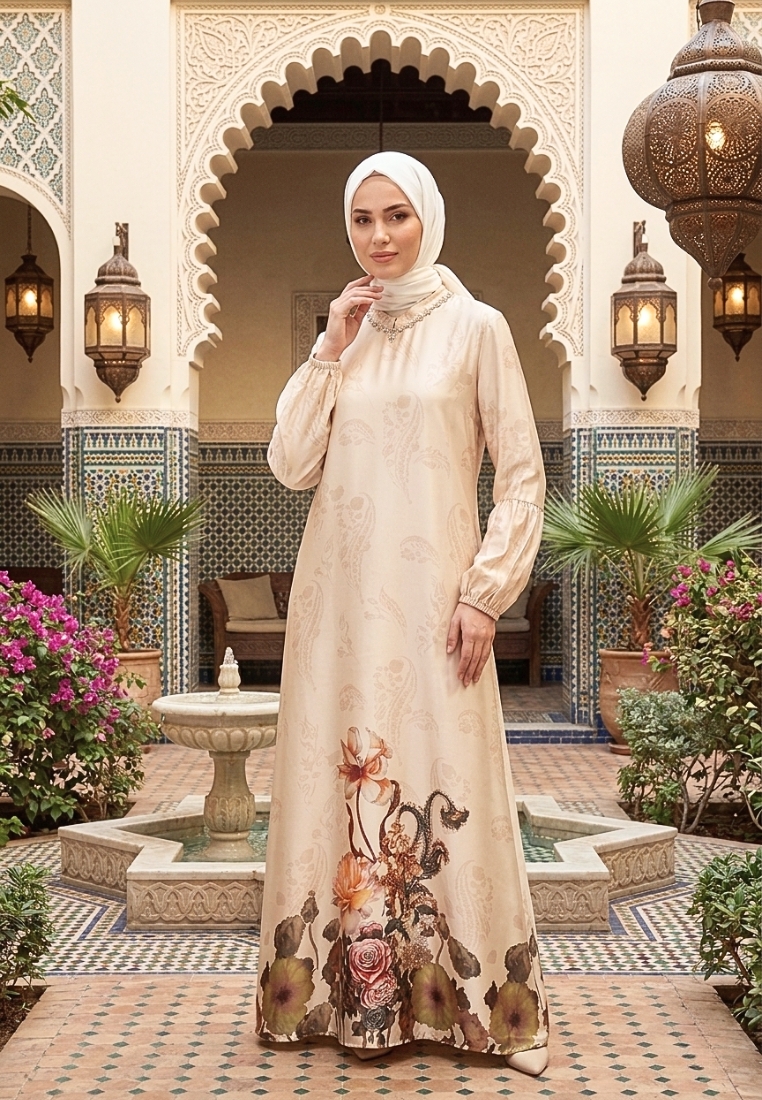 Brilliant Girl Gamis Wanita Motif Floral Elegan warna Cream Dress Muslimah Premium Lengan Balon Styl