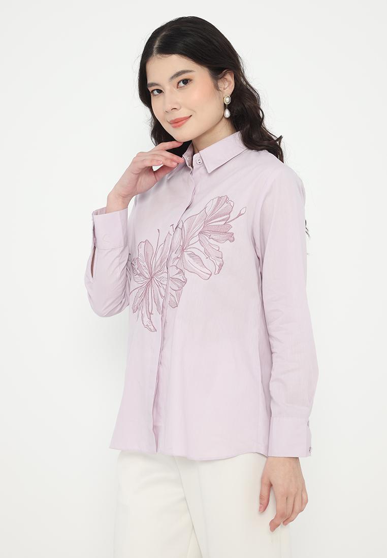 Brilliant Girl Kemeja Blouse Wanita Katun Bordir Bunga Warna Lilac – Outfit Elegan untuk Kerja & Aca