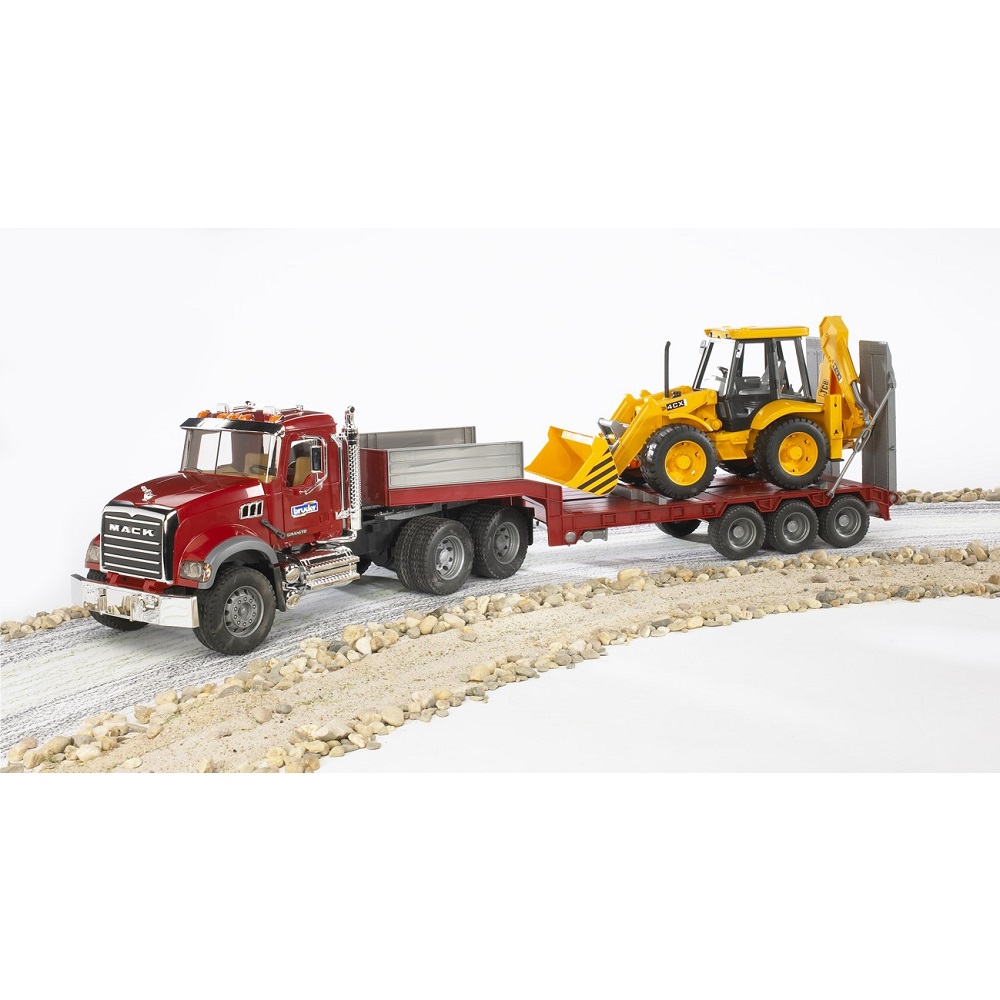 Bruder 2813 MACK Granite Low Loader w/ JCB 4CX Backhoe - Mainan Alat Berat Anak Premium Skala 1:16