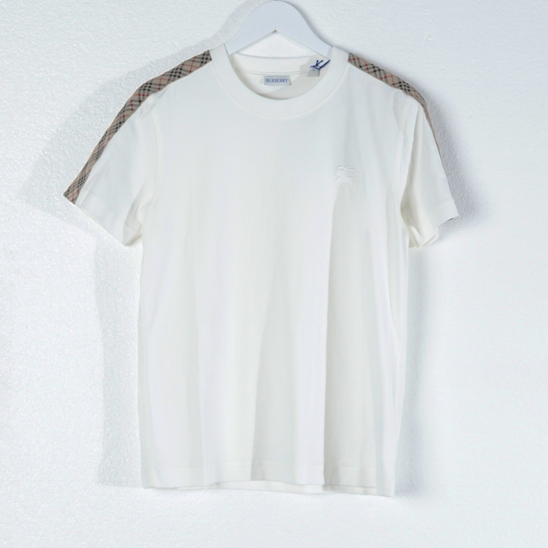 Burberry Kaos BURBERRY CHECK TAPE SHOULDER SS25 BEIGE WHITE TSHIRT 100% ORIGINAL