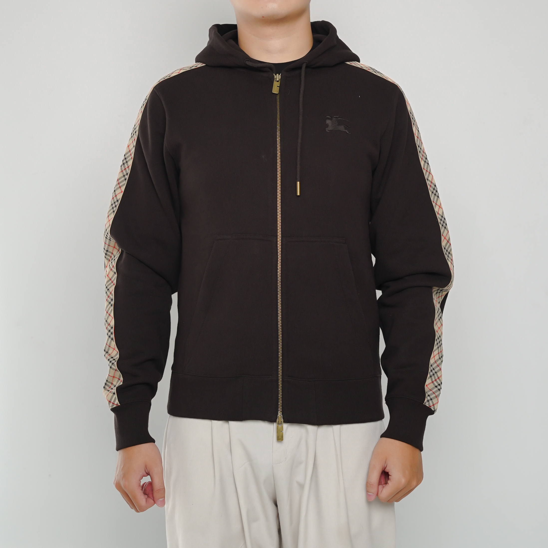 Burberry Jaket BURBERRY SCOTT BAND SHOULDER CHECK BEIGE DARK BROWN ZIP HOODIE 100% ORIGINAL