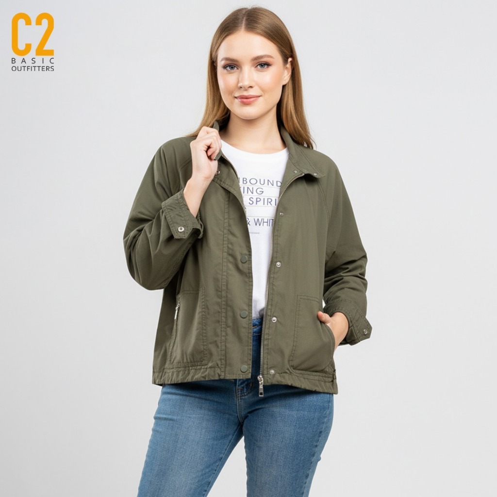 C2 Outfitters C2 Glazed Green Crop Jacket Wanita