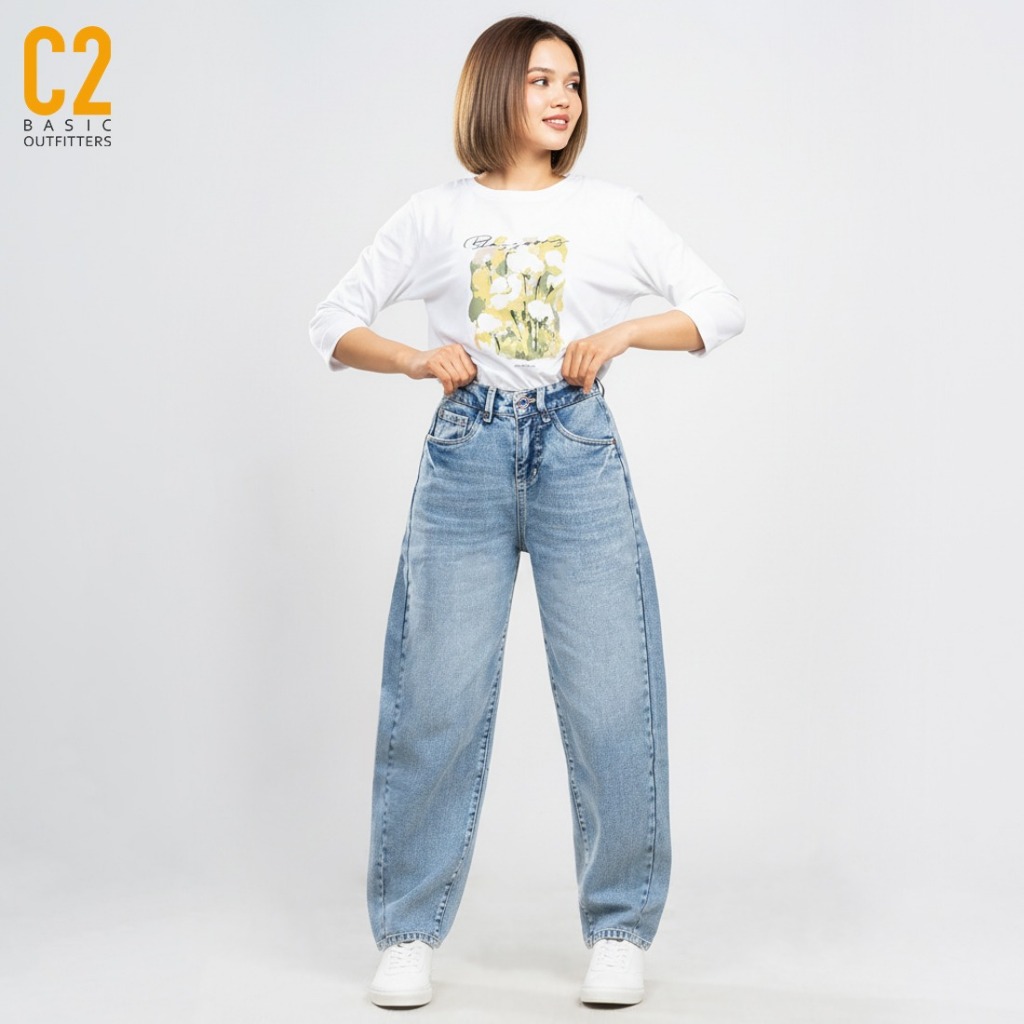 C2 Outfitters C2 Wicley Blue Barrel Jeans Wanita