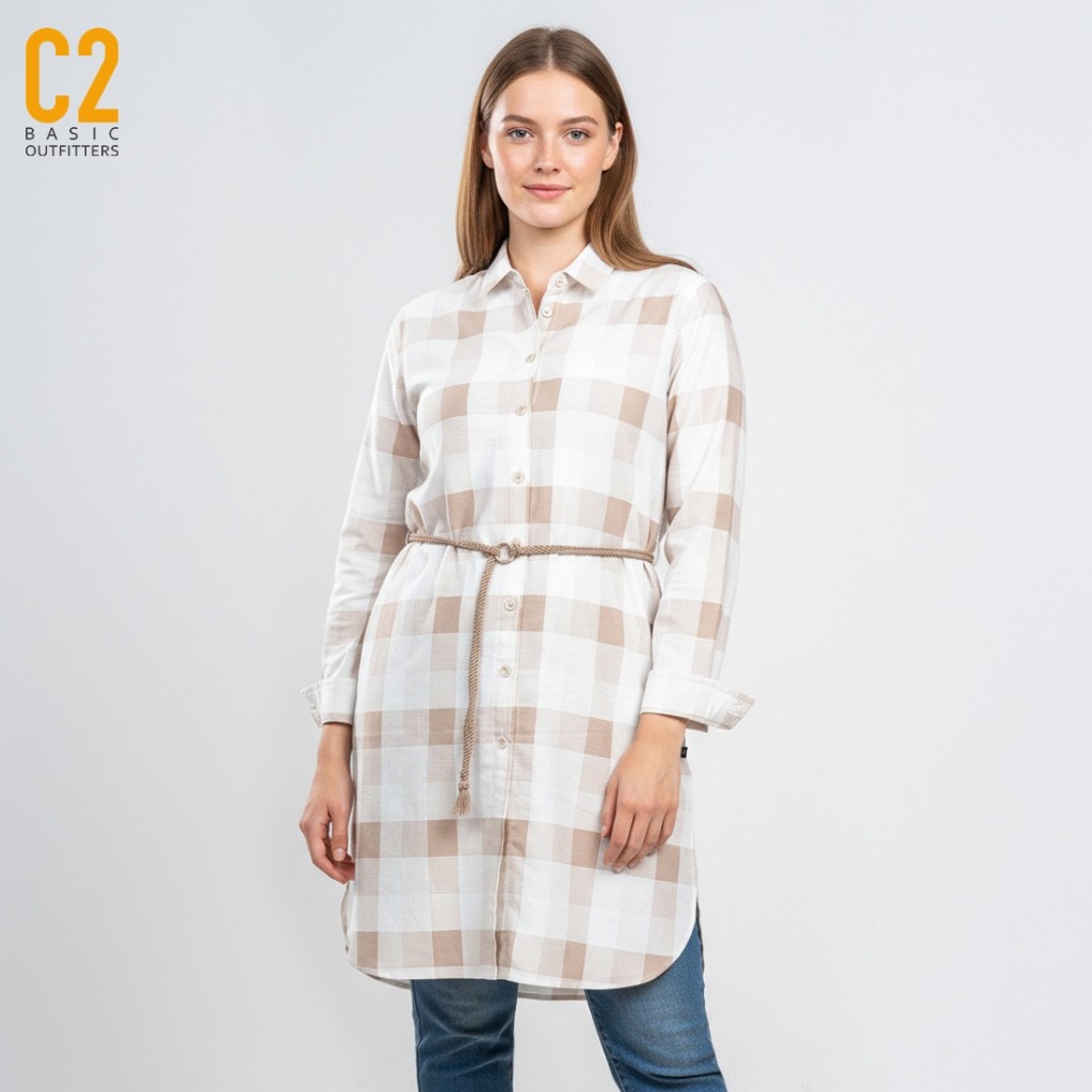 C2 Outfitters C2 Fuenla Khaki Casual Maxi Shirt Wanita