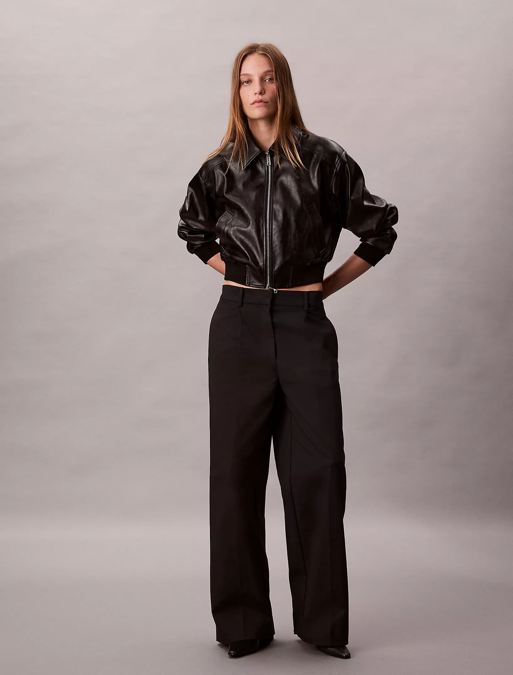 Calvin Klein - A-Line Cropped Crinkle Faux Leather Bomber Jacket