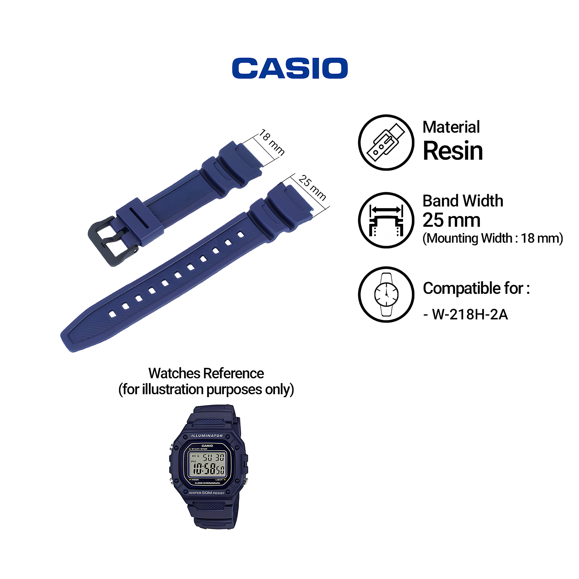 CASIO Tali Strap Jam Tangan Casio W-218H-2A / 10569211 - 25 mm - Blue Resin Band