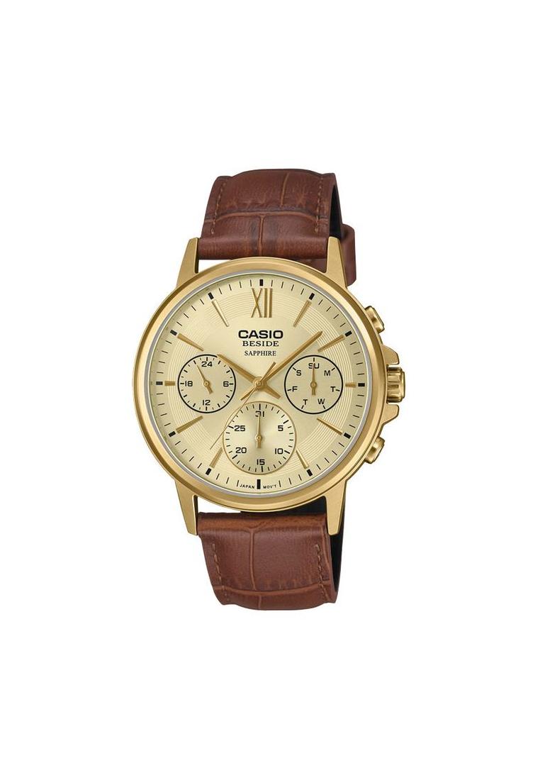 CASIO Jam Tangan Pria Casio BMS-300GL-5AVDF Men Beside Gold Dial Brown Leather Band