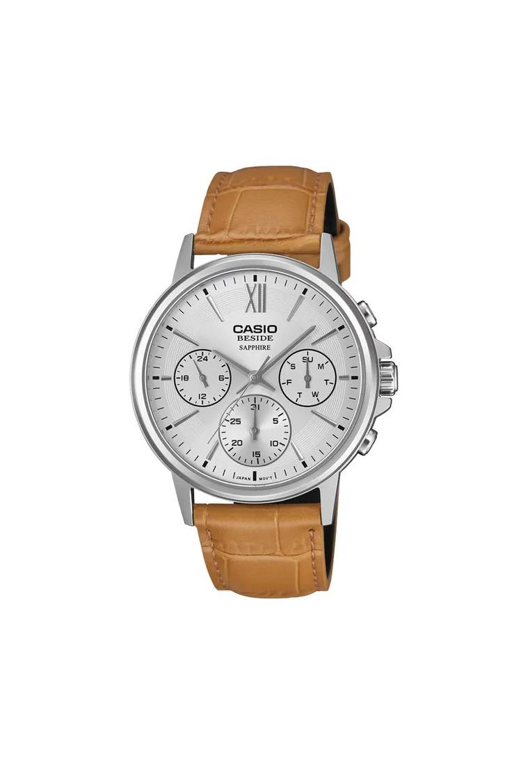 CASIO Jam Tangan Pria Casio BMS-300L-5AVDF Men Beside Silver Dial Brown Leather Band