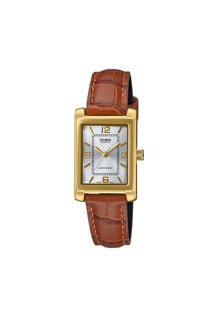 CASIO Jam Tangan Wanita Casio LTP-1234GLL-7ADF Tank Ladies Silver Dial Brown Leather Band