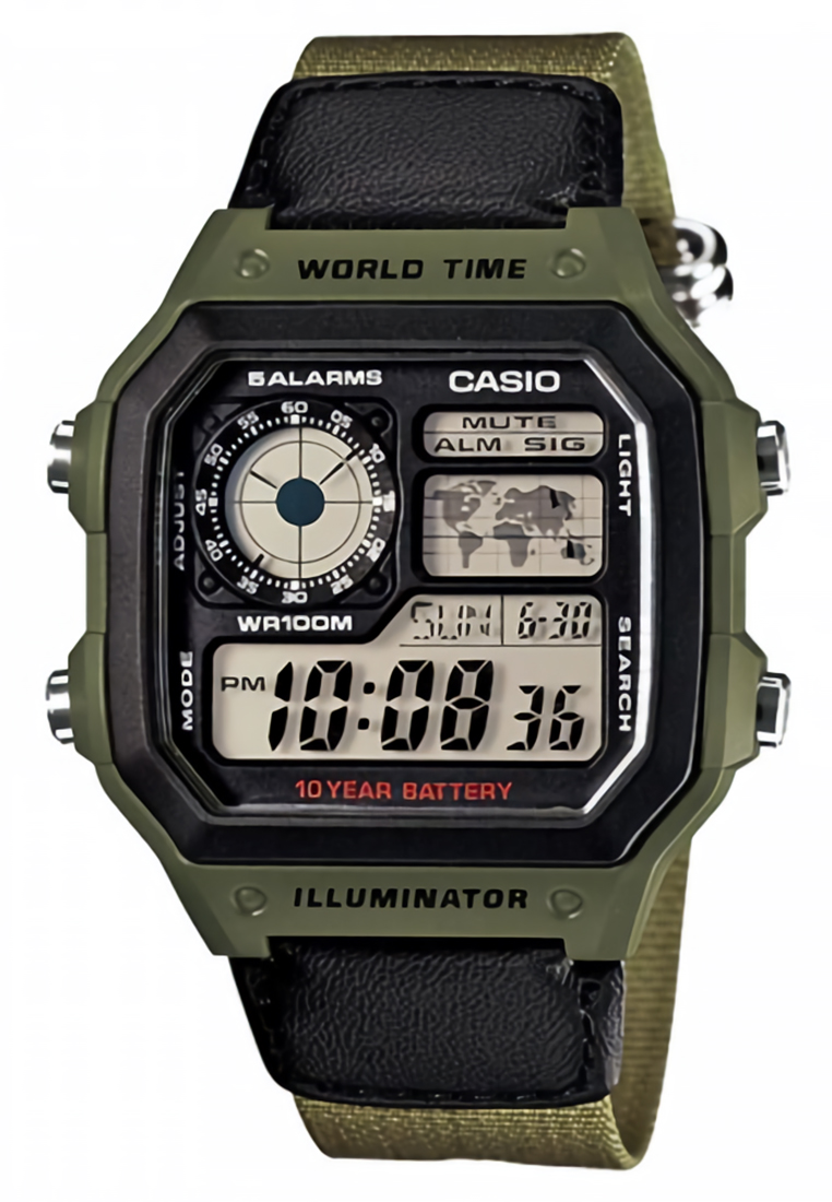 Casio - Jam Tangan Pria - Green - Canvas Strap - AE-1200WHB-3BVDF
