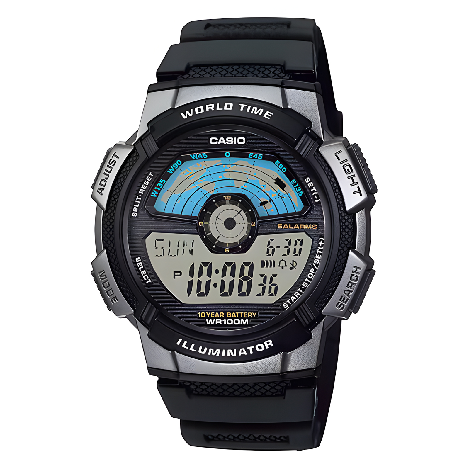 Casio World Time Illuminator - Jam Tangan Digital Pria - Black Silver Resin Case & Band - AE-1100W-1