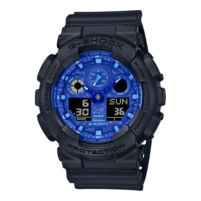 Casio G-Shock GA-100BP-1ADRΒ GA100BP GA-100BP Blue Paisley Digital Analog Striking Blue Dial Black Re