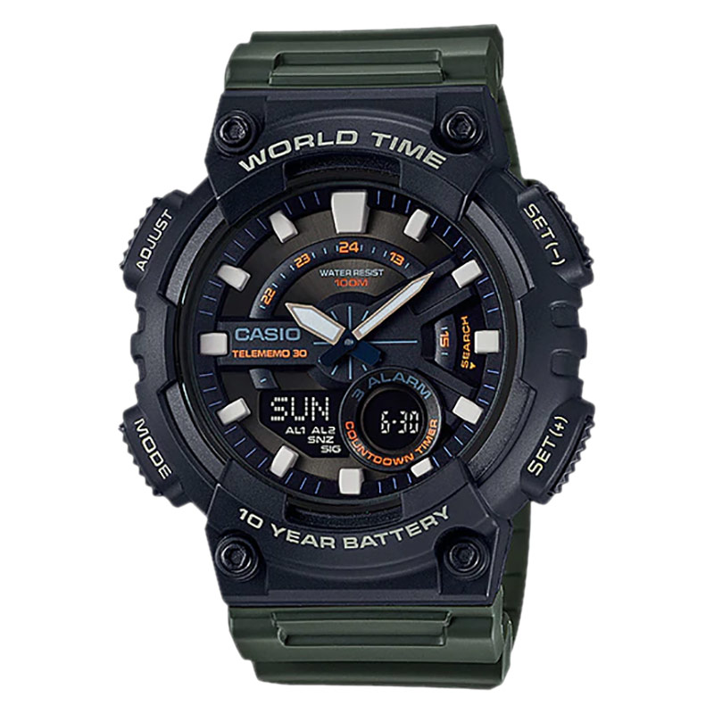 CASIO Jam Tangan Pria Analog Digital Casio Standard AEQ-110W-3AVDF AEQ110 AEQ-110W Green Resin Band