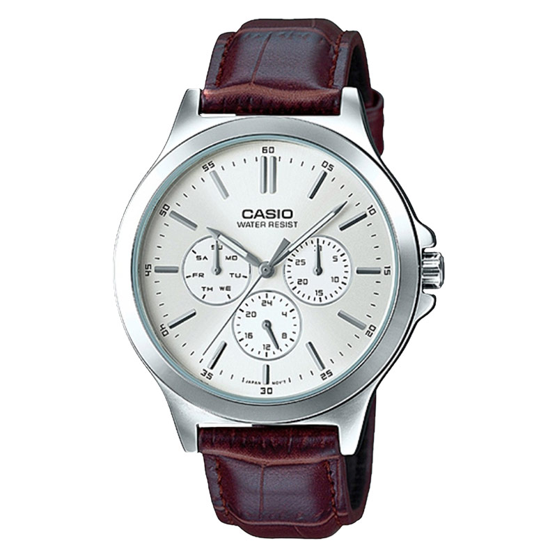 CASIO Jam Tangan Pria Analog Casio Standard MTP-V300L-7AUDF MTPV300 MTP-V300L Silver Dial Brown Leat