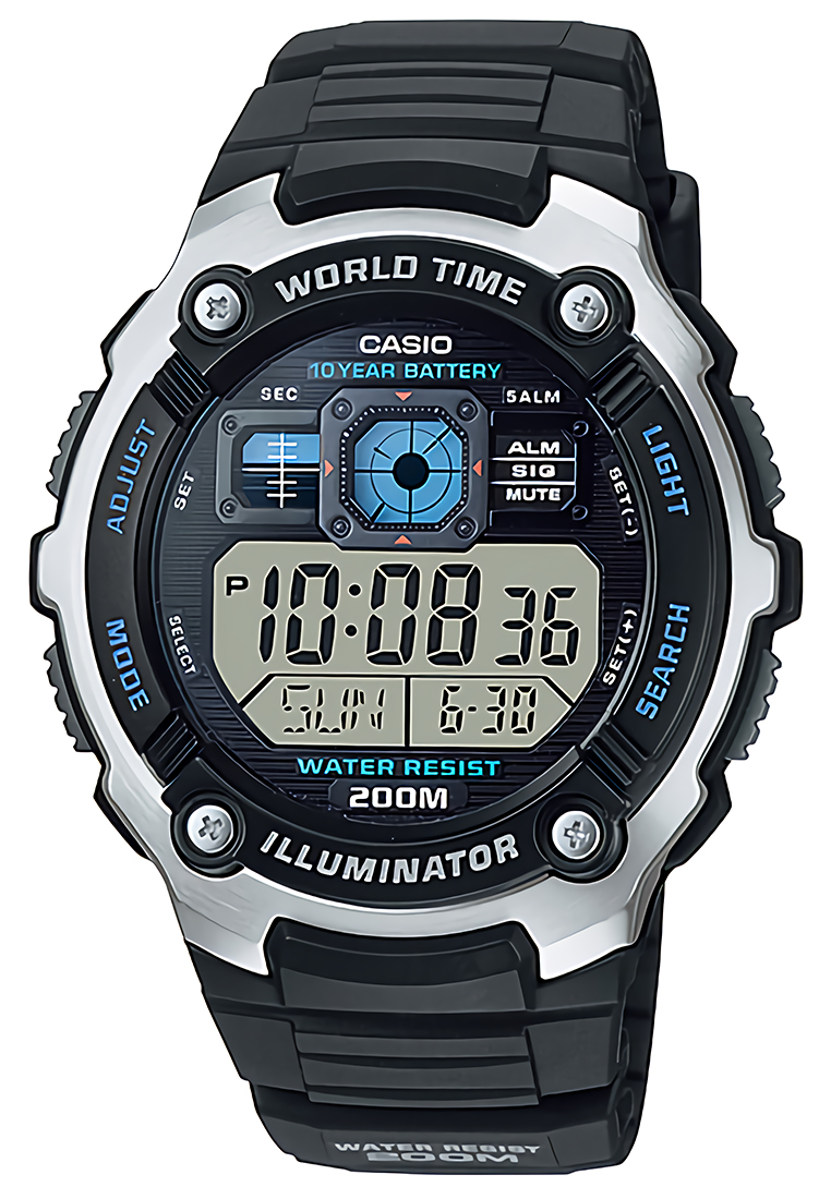 Casio World Time Illuminator - Jam Tangan Pria - Black - Resin Strap - AE-2000W-1AVDF