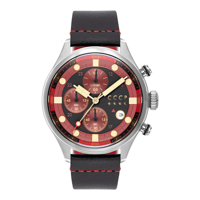 CCCP Jam Tangan Pria CCCP Comrade CP-7100-01 Chronograph Dual Tone Dial Black Leather Strap