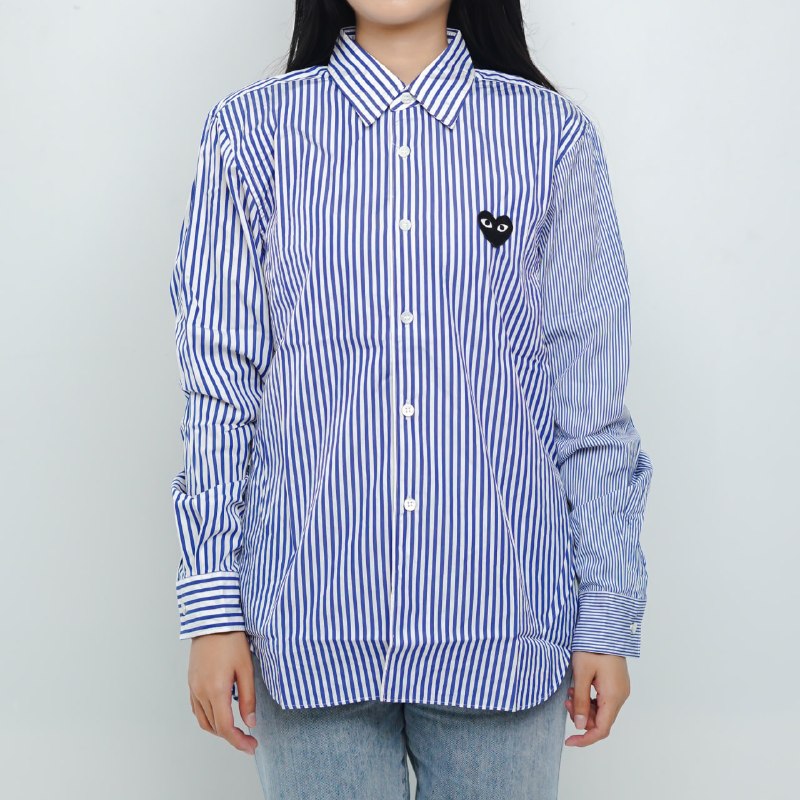 CDG Play Kemeja CDG PLAY HEART BLACK STRIPE EXCLUSIVE NAVY LONG SHIRT 100% ORIGINAL