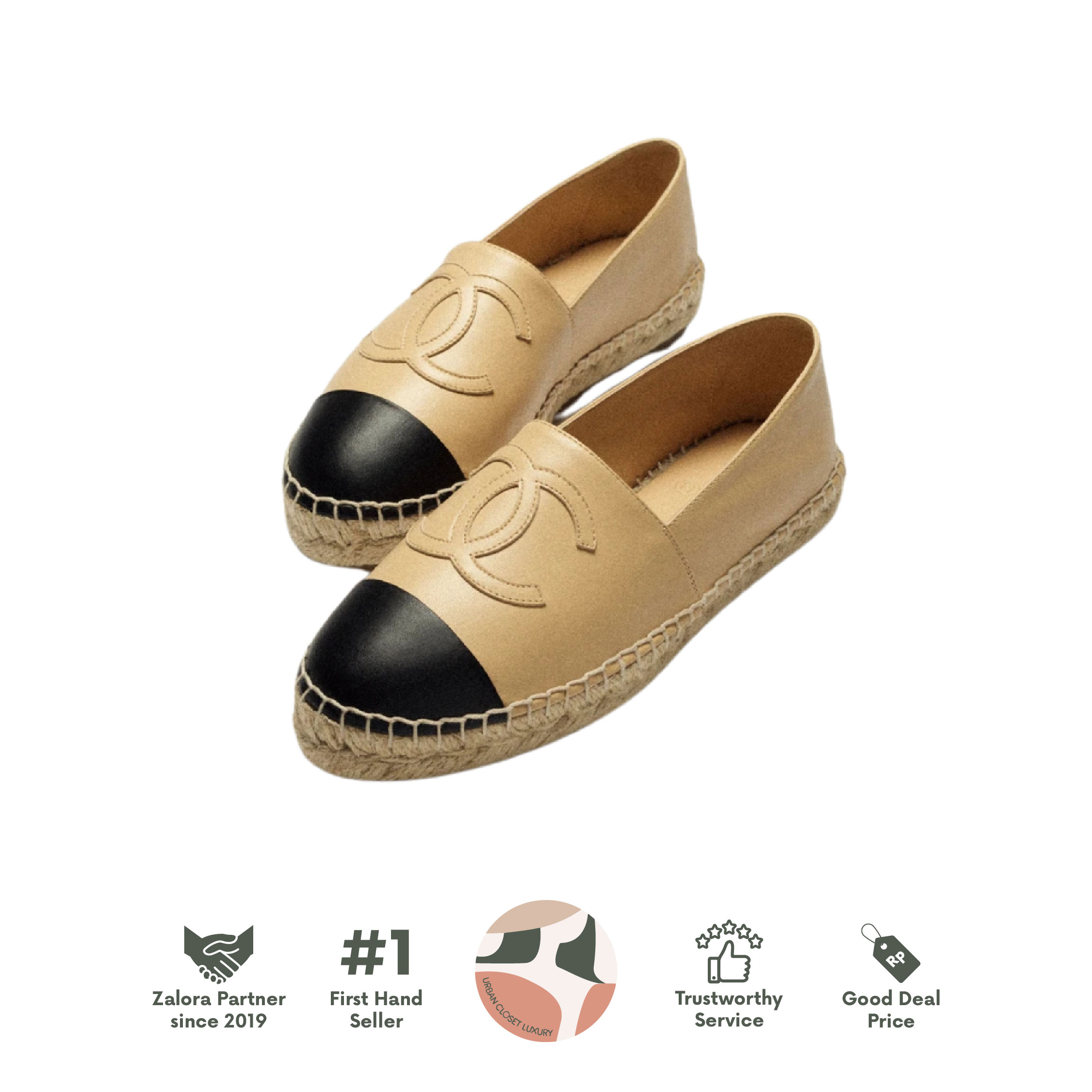 Chanel Espadrilles Lambskin Beige & Black Size 39