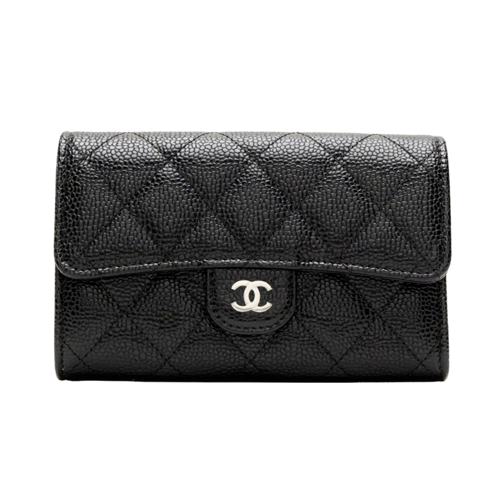 Chanel Medium Classic Caviar Flap Tri-Fold Wallet Black Shw