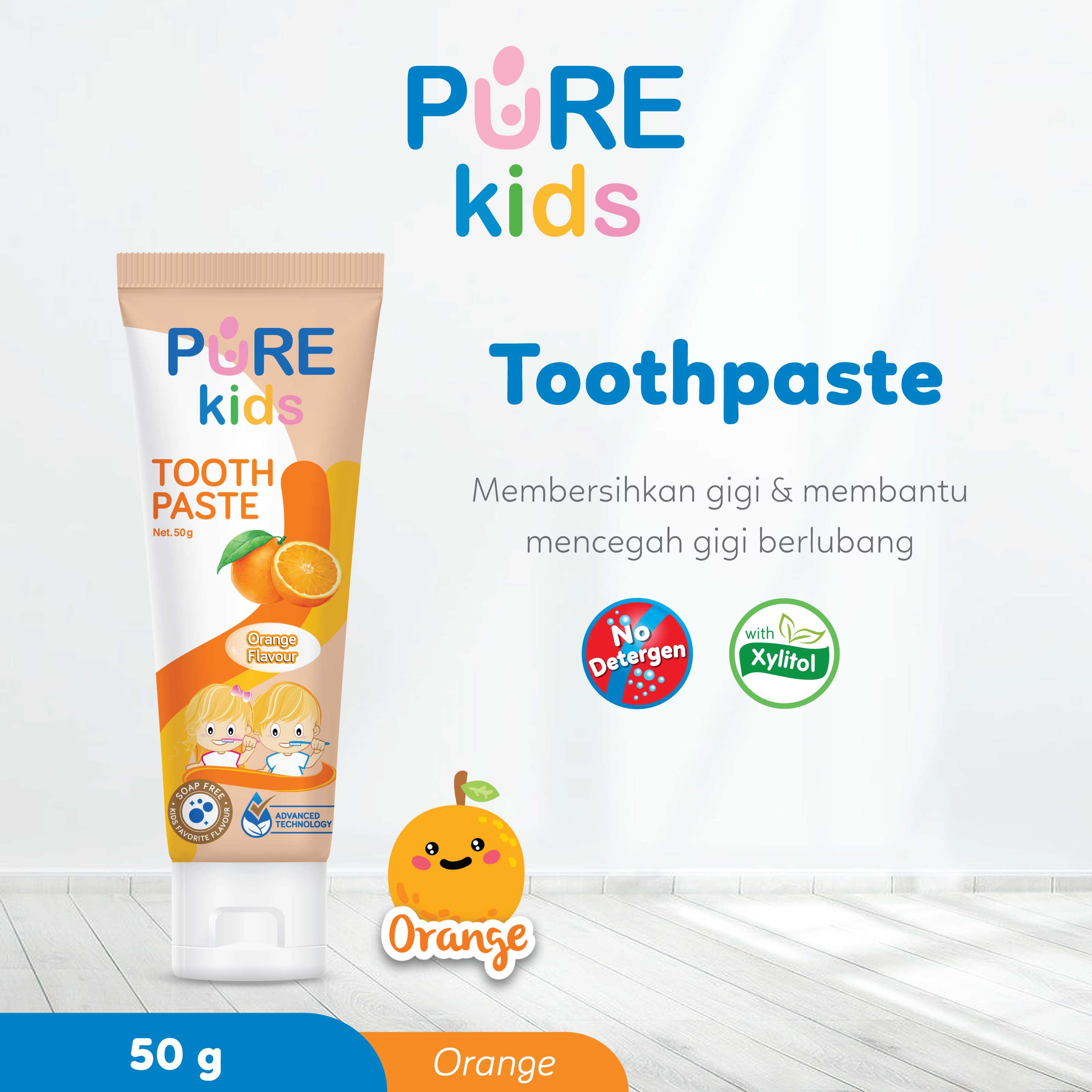 Character-Land PURE Kids ToothPaste Orange 50 gr / Pasta Gigi Anak / Tooth Paste Odol Pure BB PureBa