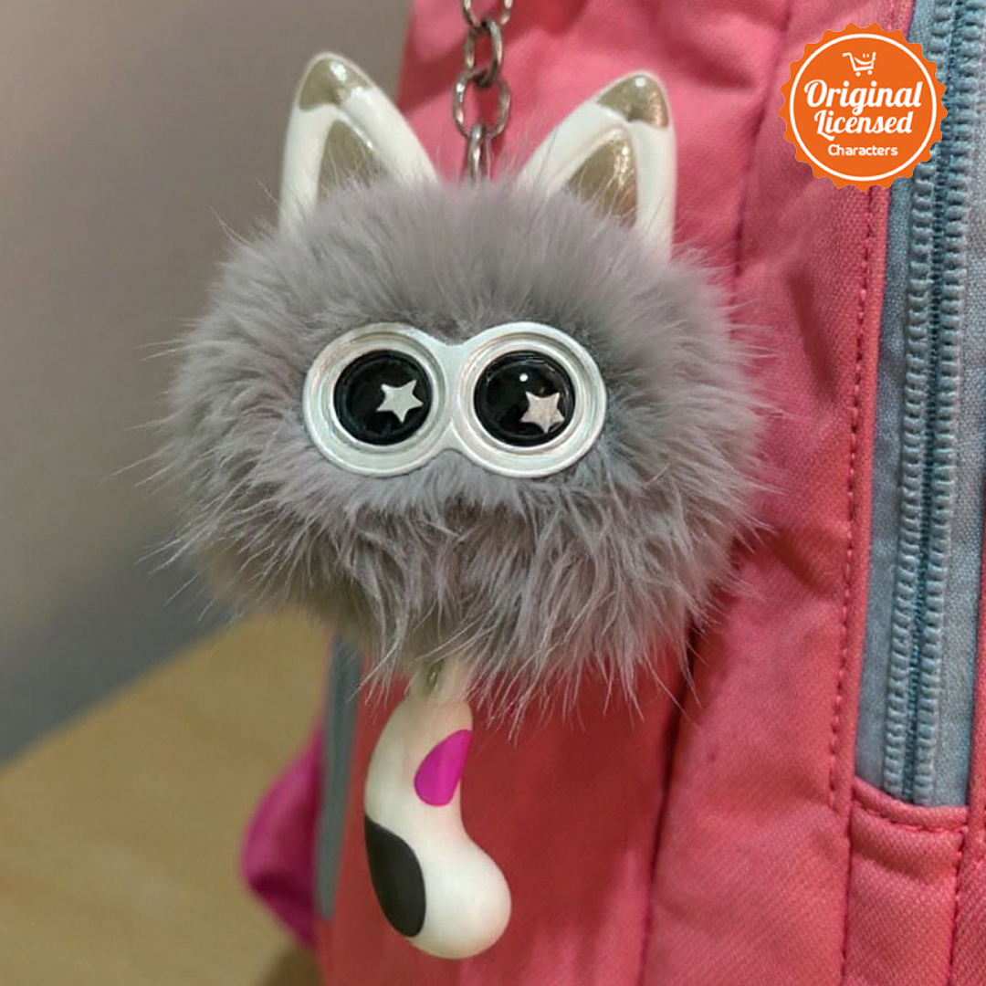 Character-Land Gantungan Kunci Boneka Kucing Bulu Bulat 5 cm Aksesoris Tas Lucu Abu-abu