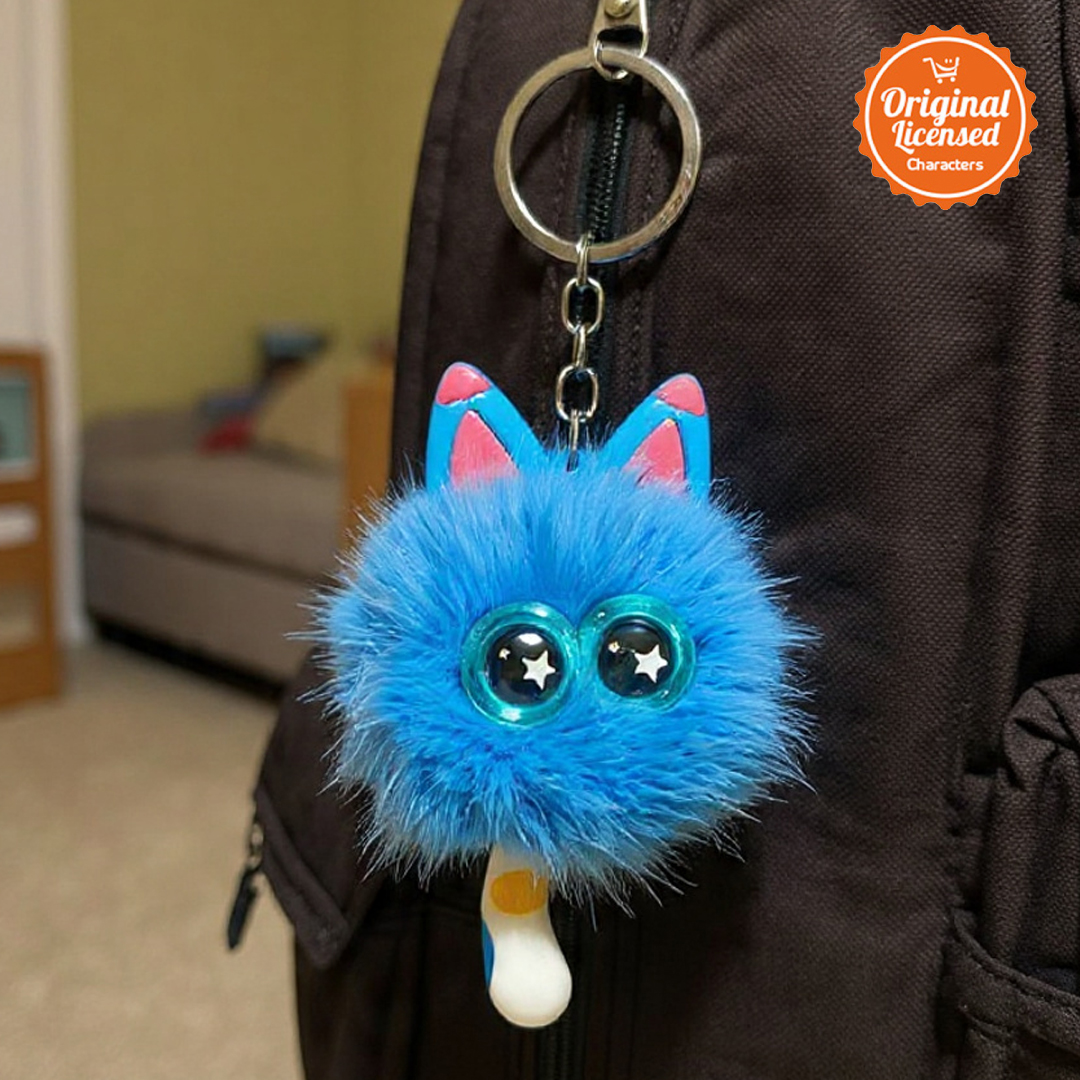 Character-Land Gantungan Kunci Boneka Kucing Bulu Bulat 5 cm Aksesoris Tas Lucu Biru