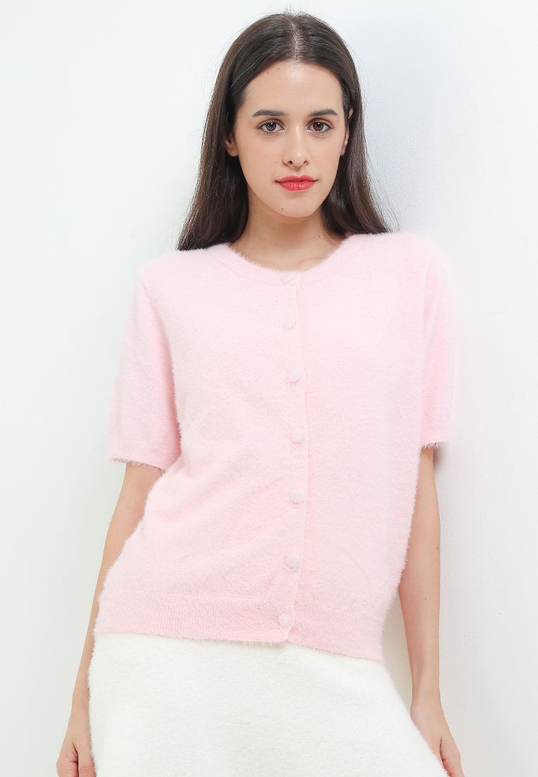 Chic Simple S/S Furry Knit Blouse W/ Furry Buttons