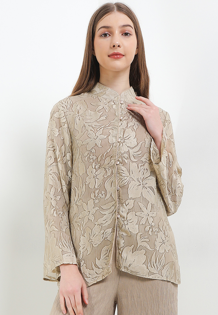 Chic Simple L/S Flo Jacq Organza Collar Blouse W/Slits