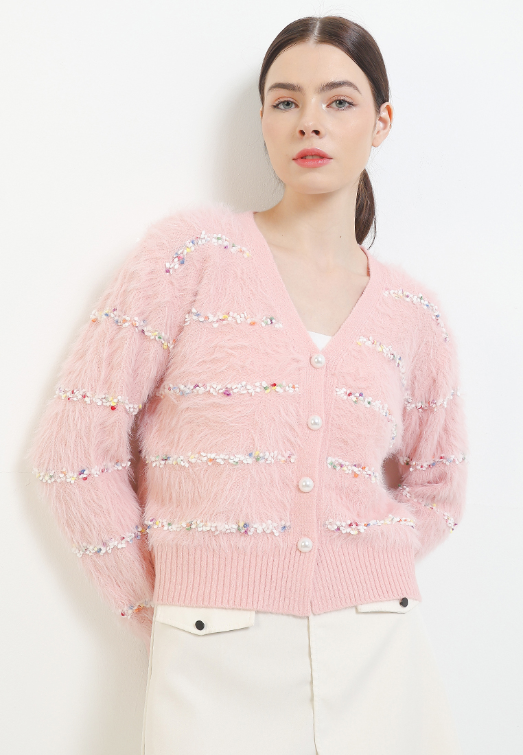 Chic Simple L/S Furry Mini Pom Knit Jacket