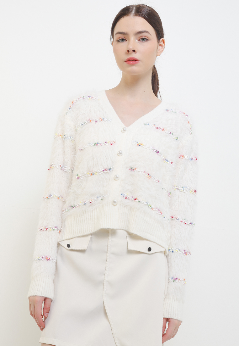 Chic Simple L/S Furry Mini Pom Knit Jacket