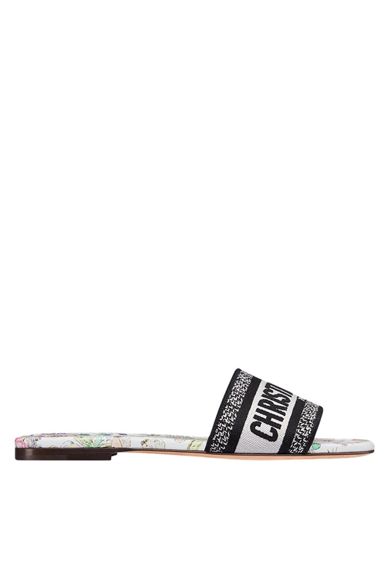 Christian Dior Dway Lucky Slide Embroidered Cotton White Multicolor Flowers Calendar Allover Motif
