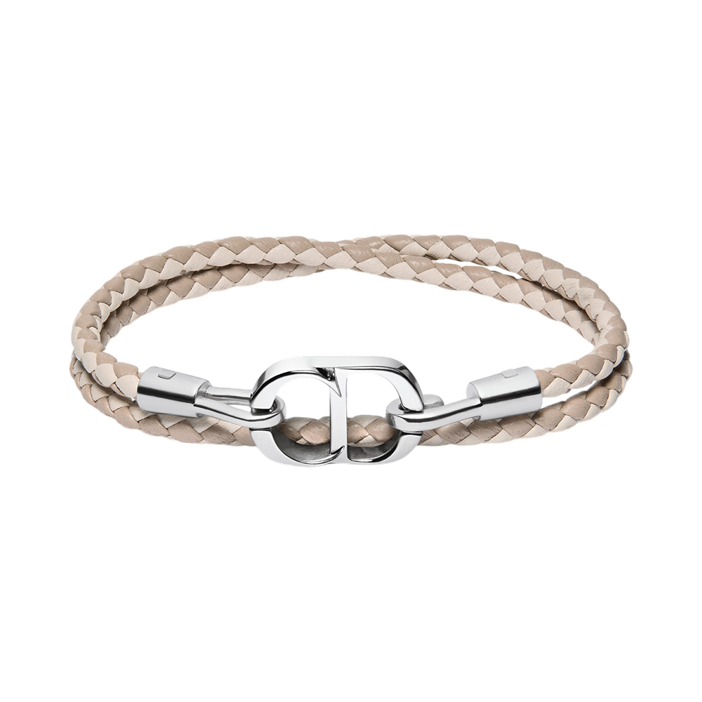 Christian Dior CD Icon Woven Leather Double Bracelet Lambskin and Silver-Finish Brass Beige
