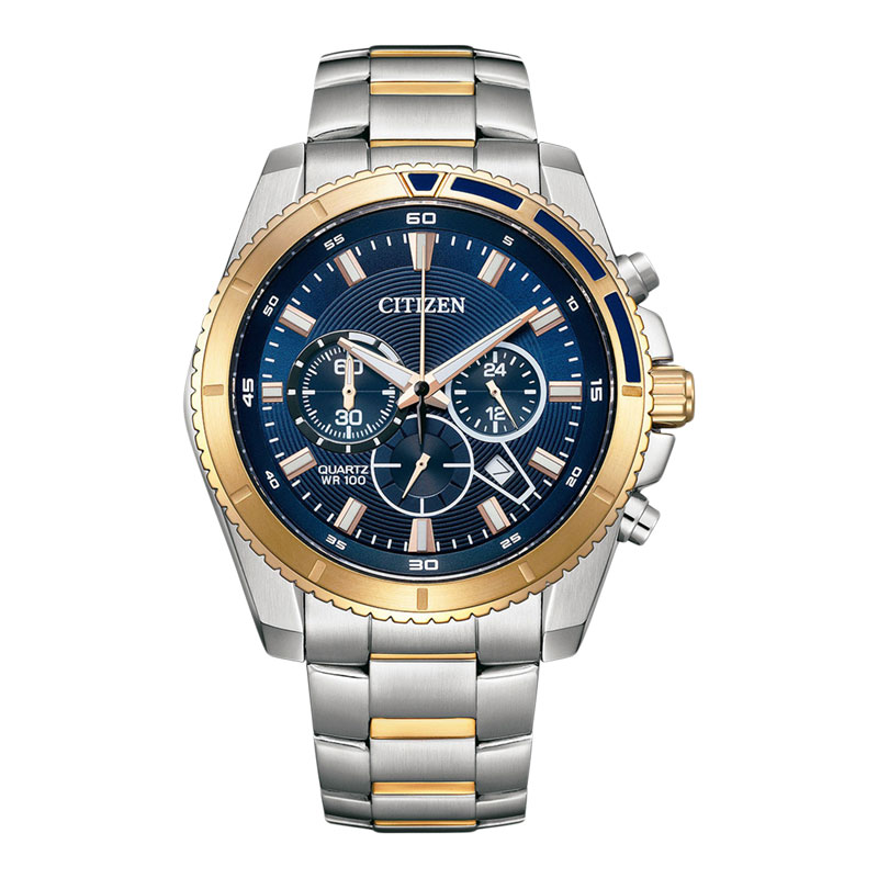 Citizen Jam Tangan Pria Citizen Chronograph AN8206-53L Men Blue Dial Dual Tone Stainless Steel Strap