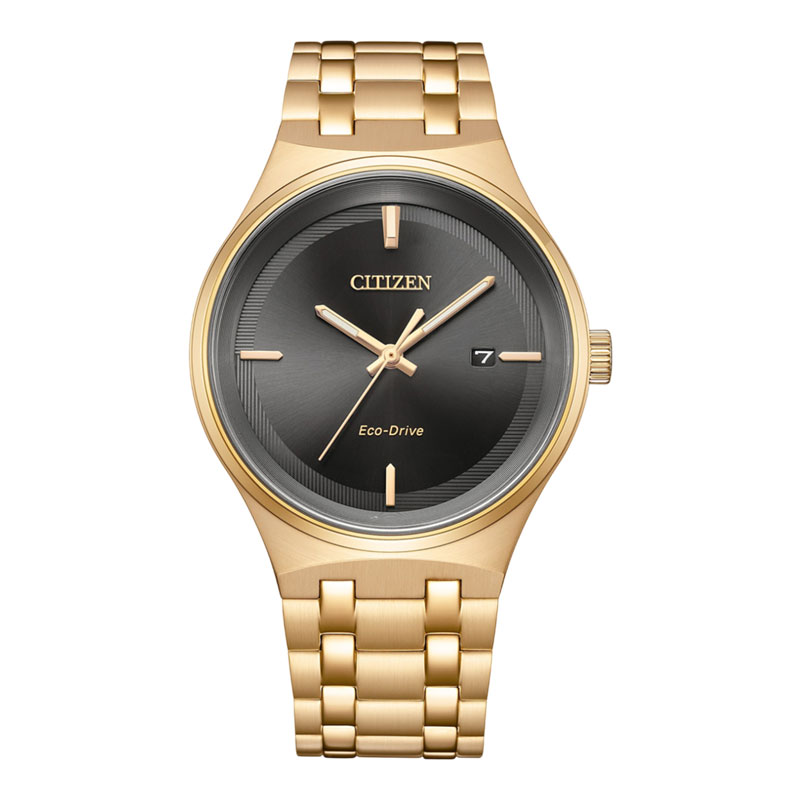 Citizen Jam Tangan Pria Citizen Eco Drive BM7653-50E Men Black Dial Gold Stainless Steel Strap