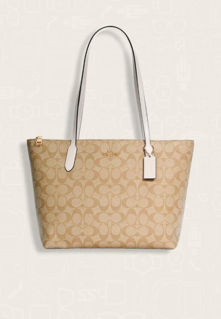 Coach Zip Top Tote In Signature Canvas Light Khaki Chalk