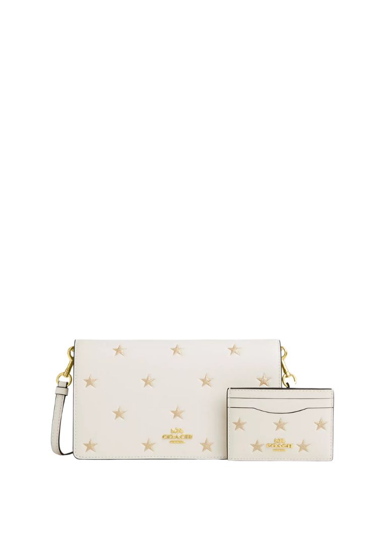 Coach Boxed Anna Foldover Clutch Crossbody Bag And Card Case Set With Star Print Gold Chalk Multi