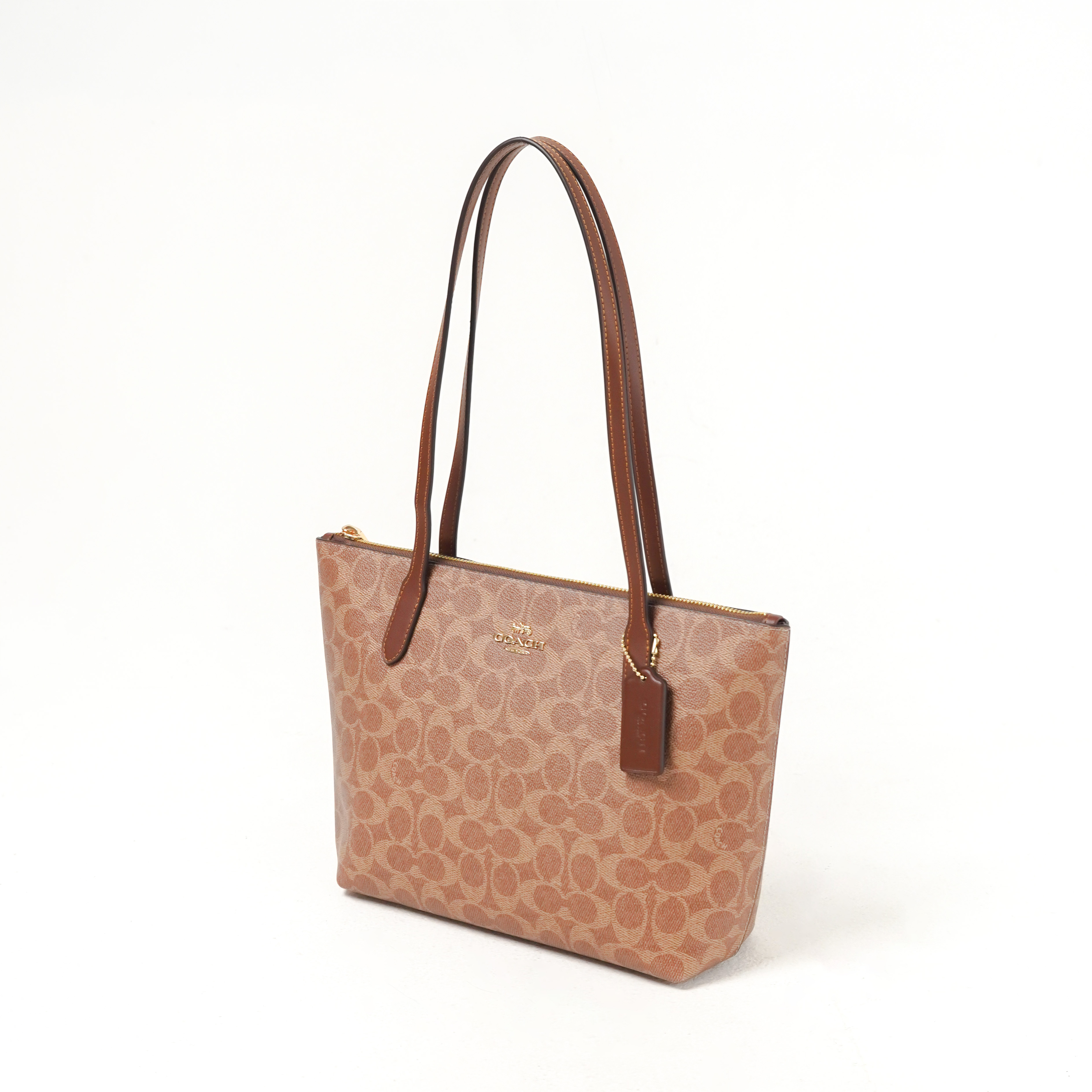Coach Tas COACH FIONA MONOGRAN BEIGE BROWN CAMEL ZIP TOTE BAG 100% ORIGINAL
