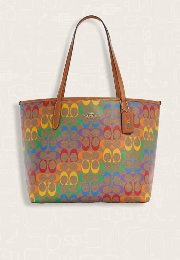 Coach City Tote Bag In Rainbow Signature Canvas Light Saddle Multi