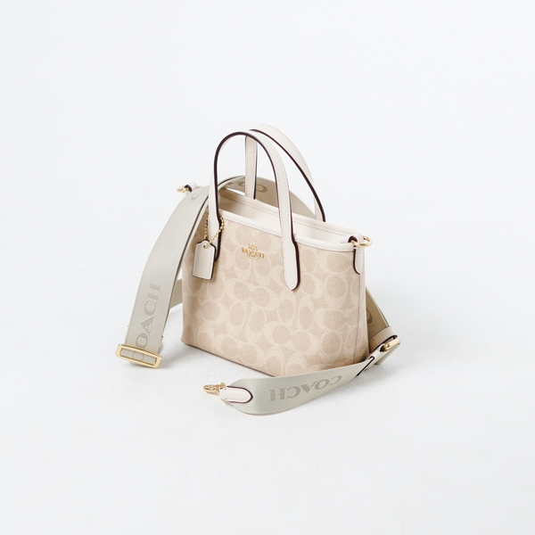 Coach Tas COACH MONOGRAM IVORY WHITE BEIGE MINI ZIP TOTE BAG WITH LS 100% ORIGINAL