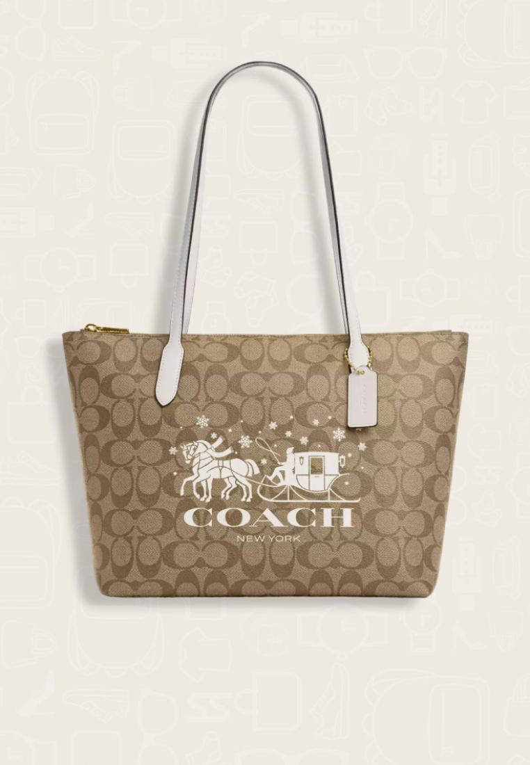 Coach Zip Top Tote In Signature Canvas With Horse And Sleigh Khaki Chalk