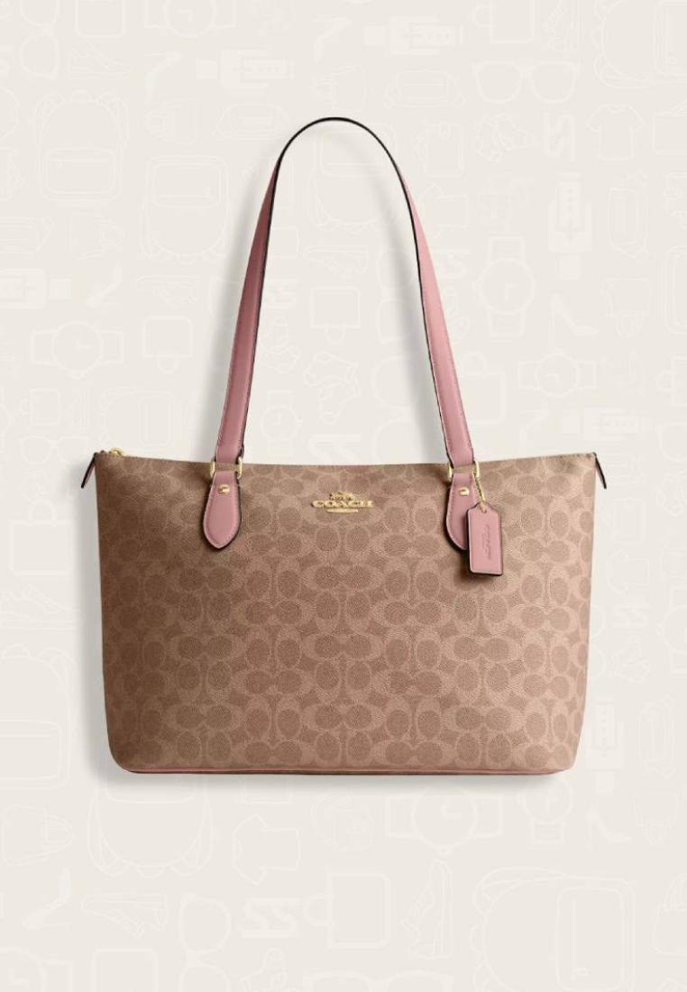 Coach Gallery Tote Bag In Signature Canvas Tan Pink Petal