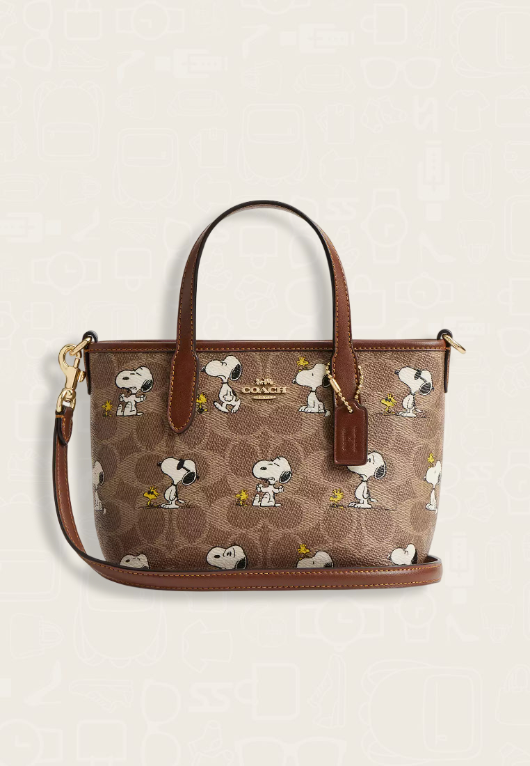 Coach X Peanuts City Mini Tote Bag In Signature Canvas With Snoopy Print Tan Brown Multi