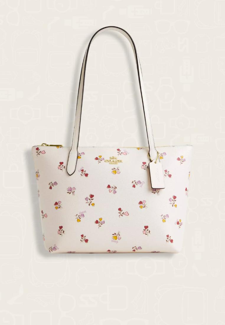 Coach Fiona Zip Tote Bag With Heart Print Chalk Multi