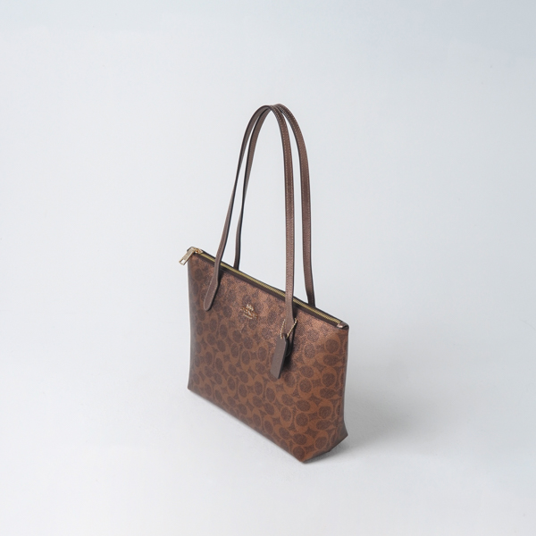 Coach Tas COACH FIONA SIGNATURE MONOGRAM METALLIC BROWN ZIP TOTE BAG 100% ORIGINAL