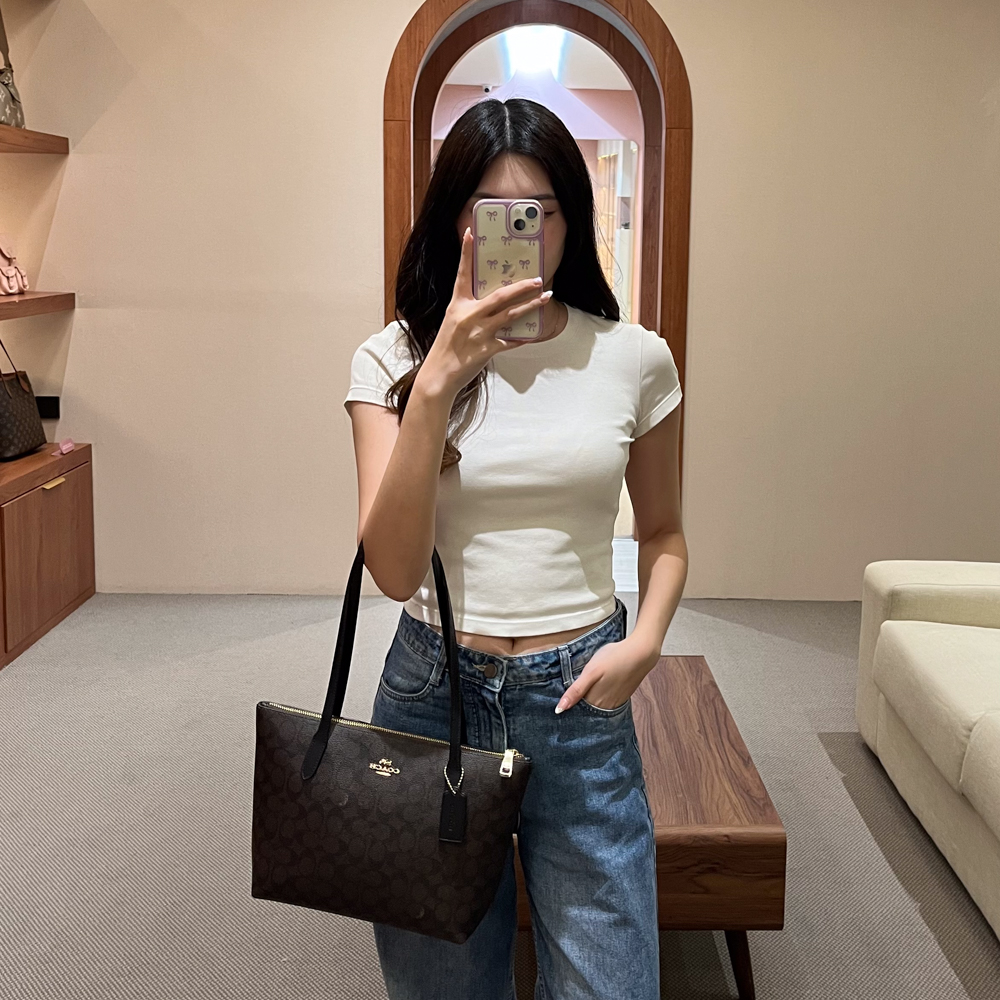 Coach Tas COACH FIONA MONOGRAM BLACK DARK BROWN ZIP TOTE BAG 100% ORIGINAL