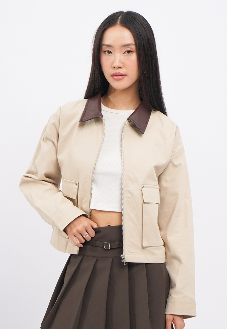 COLORBOX Leather Collar Oversized Boxy Jacket